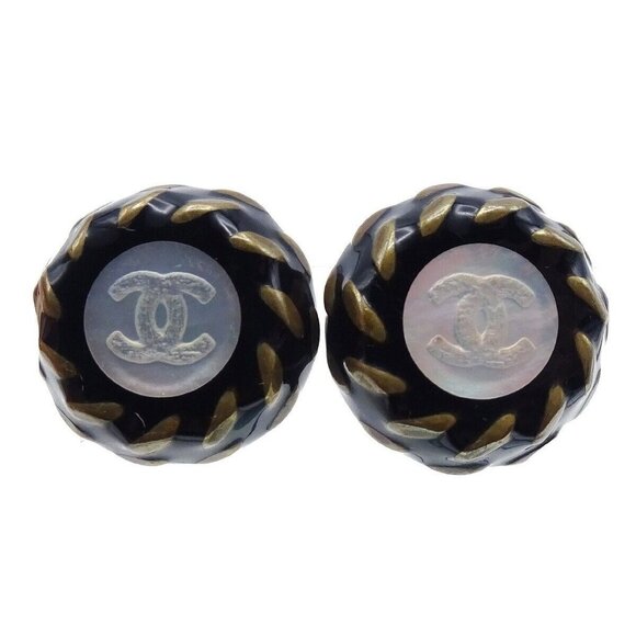 Chanel Button Earrings Clip-On Black 97A - Picture 1 of 6